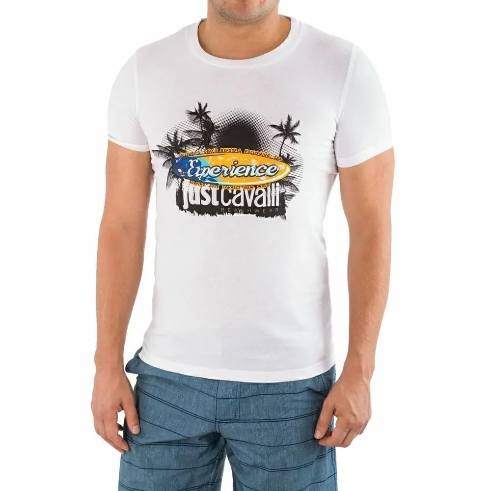 New Just Cavalli Men Designer Fitted White Cotton Graphic T-Shirt US XXS/EU 44 - Picture 2 of 4